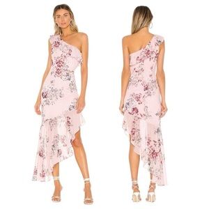 Micheal Costello x REVOLVE Pink Floral Maxi One-Shoulder Ruffle Formal Dress XS